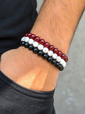 Beaded Stretch Bracelet Set Unisex Red Black White Marble Stackable Boho Gift